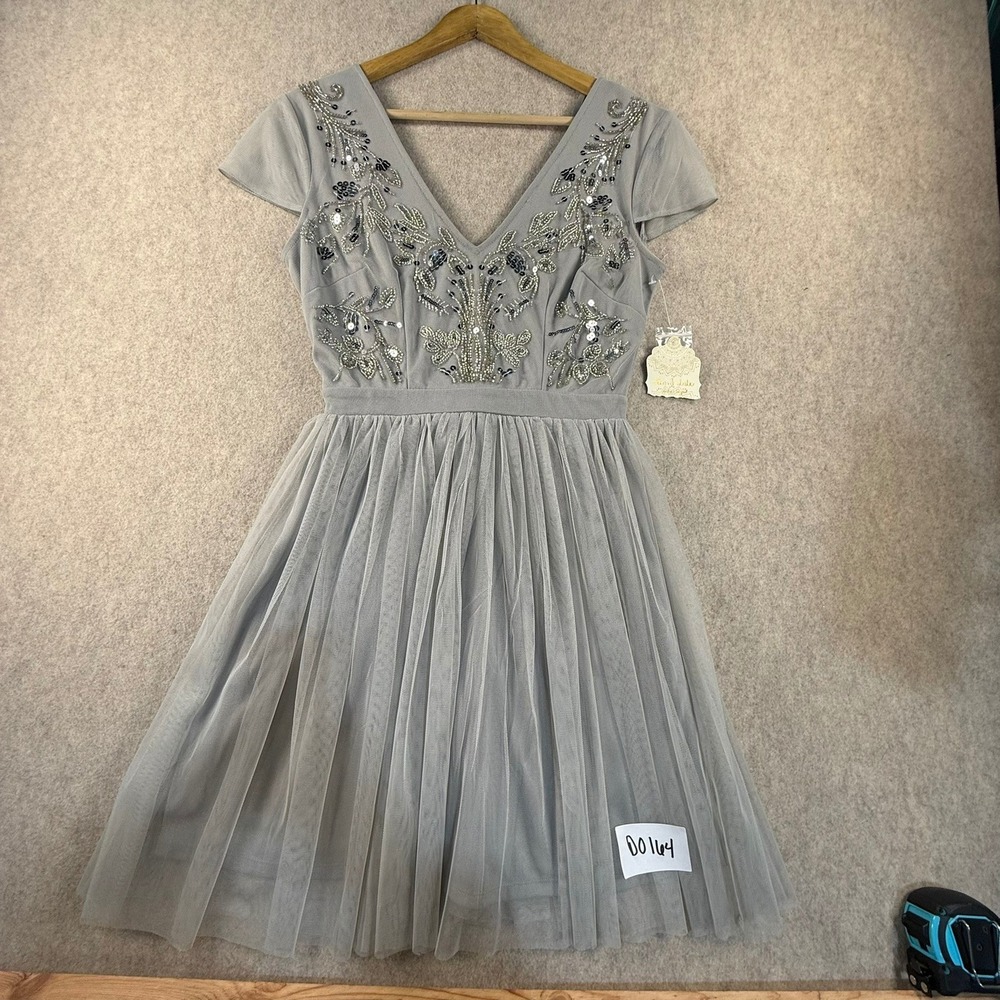 NWT Altard State Grey Beaded Sequin Tulle Fit Flare Dress V-Neck Small